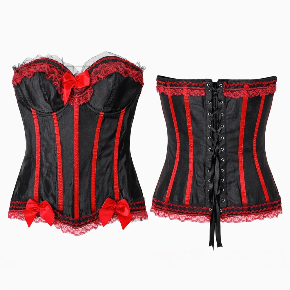 Hips & Curves Women 2X Black Red Lace Trim Corset Top Bows Side Zip